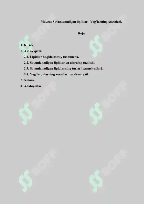Sovunlanadigan lipidlar.  Yog’larning xossalari. Referat 17 bet 2