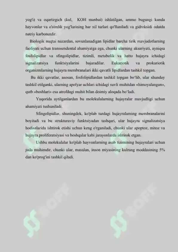 Sovunlanadigan lipidlar.  Yog’larning xossalari. Referat 17 bet 4