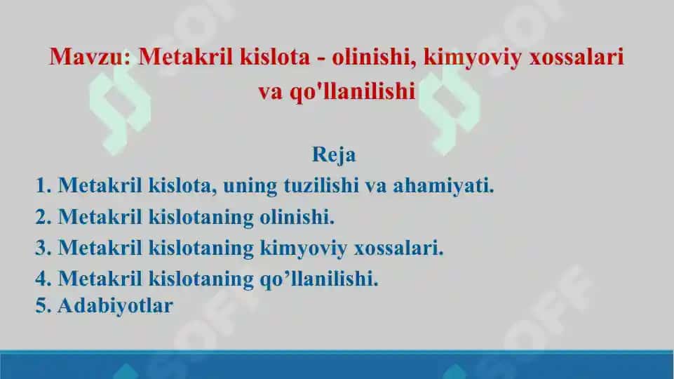 Metakril kislota - olinishi, kimyoviy xossalari va qo'llanilishi. Taqdimot 15 bet. 2