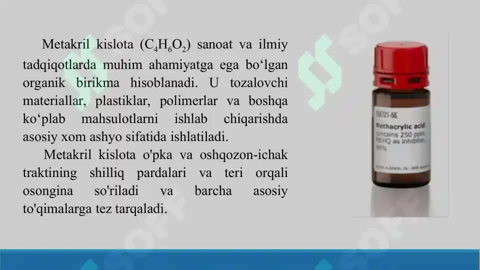Metakril kislota - olinishi, kimyoviy xossalari va qo'llanilishi. Taqdimot 15 bet. 4