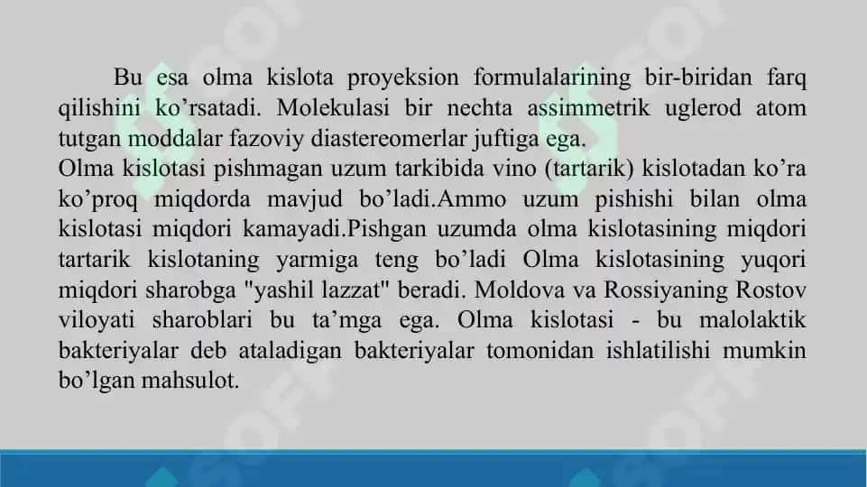 Olma kislota - stereoizomeriya, olinishi, kimyoviy xossalari, ishlatilishi. Taqdimot 17 bet 6