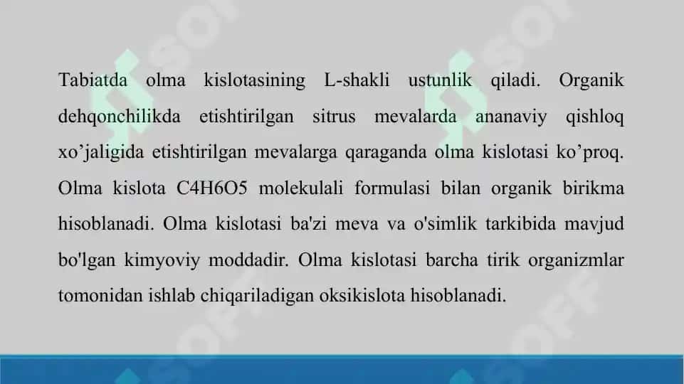 Olma kislota - stereoizomeriya, olinishi, kimyoviy xossalari, ishlatilishi. Taqdimot 17 bet 8