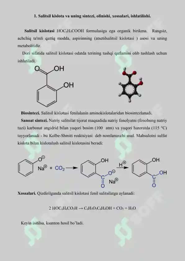 Salitsil kislota, aspirin, fenilsalitsilat, fenol - bir-biridan farqlash reaksiyalari. Referat 11 bet 2