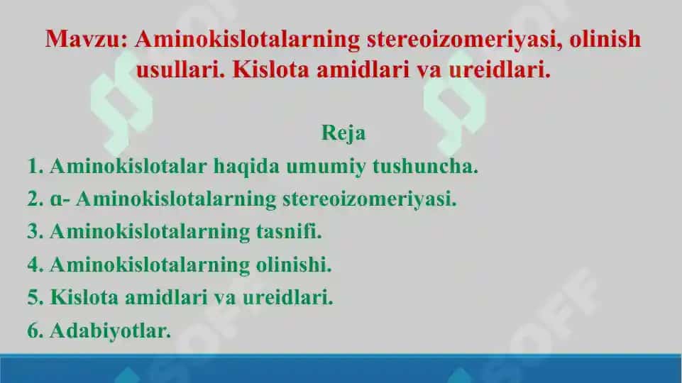 Aminokislotalarning stereoizomeriyasi, olinish usullari. Kislota amidlari va ureidlari. Taqdimot 26 bet 2