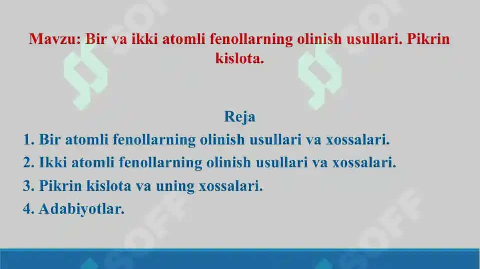 10. Bir va ikki atomli fenollarning olinish usullari. Pikrin kislota. Taqdimot,11 bet. 2