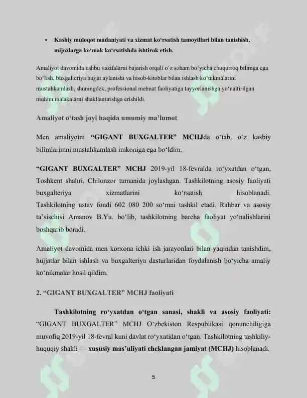 AMALIYOT HISOBOTI. 1	Tashkilot nomi	"GIGANT BUXGALTER" MCHJ 5