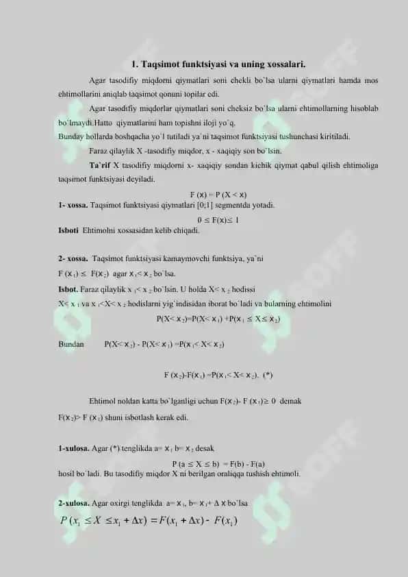 Uzluksiz tasodifiy miqdor, sonli xarakteristikalari va ularning xossalari 2