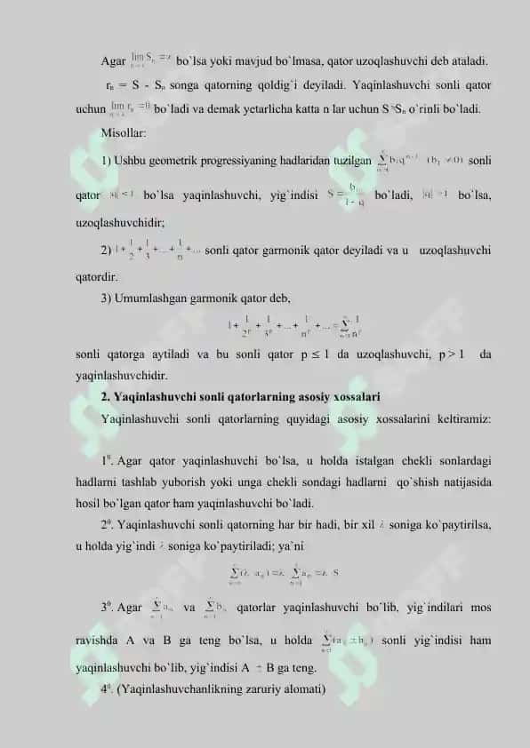 Sonli Qatorlar. Sonli qatorlarning yaqinlashish alomatlari. 3
