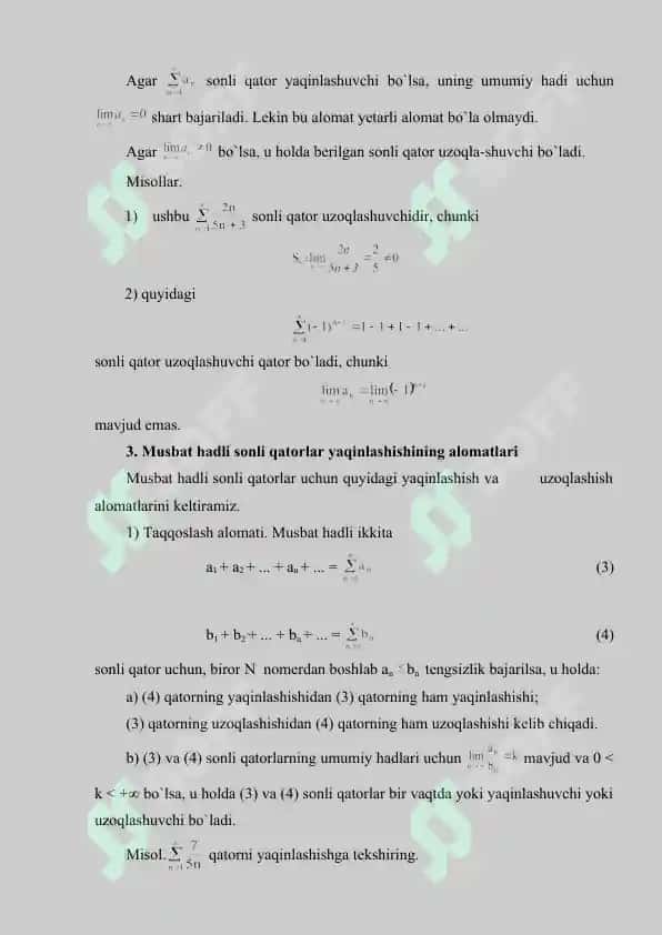 Sonli Qatorlar. Sonli qatorlarning yaqinlashish alomatlari. 4