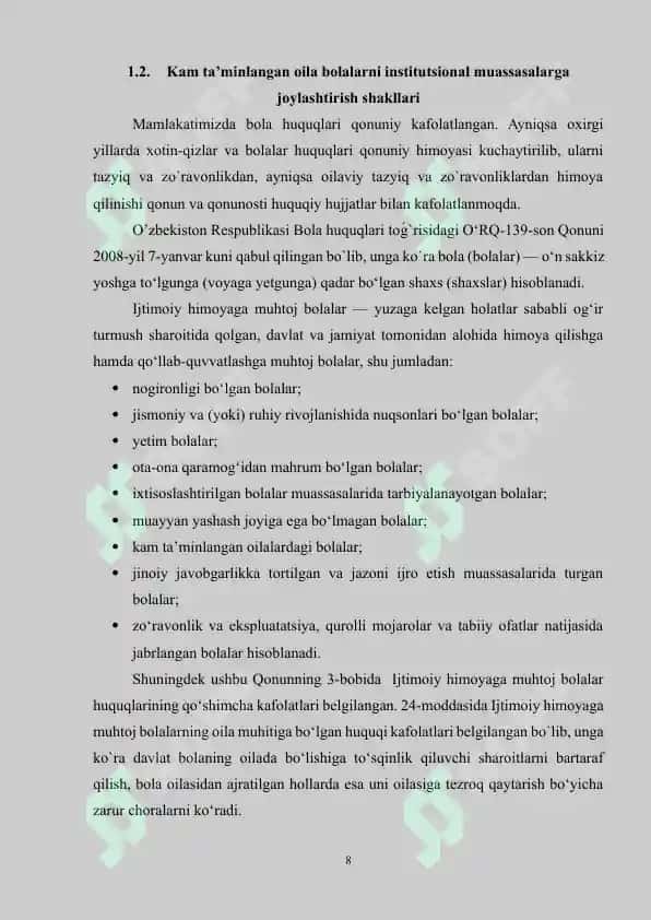 Kam ta’minlangan oila bolalarini institutsional muassasalarga joylashtirish tartibi 8