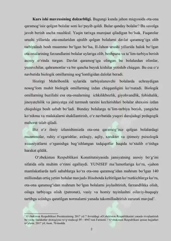 O‘zbekistonda ota-ona qaramog‘isiz qolgan bolalar bilan olib borilayotgan ijtimoiy-iqtisodiy hamda huquqiy islohotlar 2