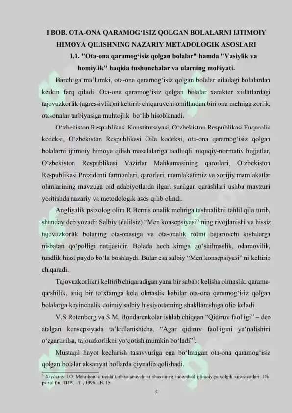 O‘zbekistonda ota-ona qaramog‘isiz qolgan bolalar bilan olib borilayotgan ijtimoiy-iqtisodiy hamda huquqiy islohotlar 5