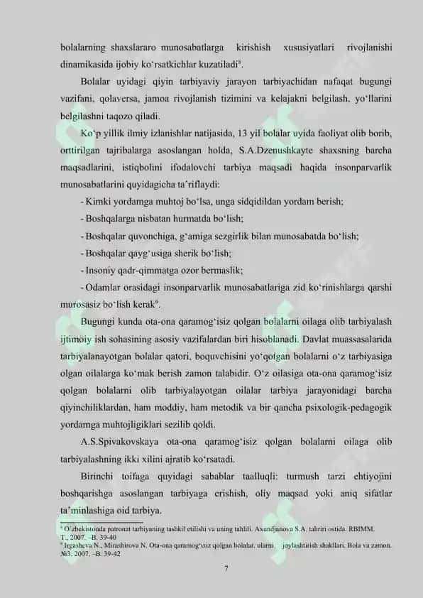 O‘zbekistonda ota-ona qaramog‘isiz qolgan bolalar bilan olib borilayotgan ijtimoiy-iqtisodiy hamda huquqiy islohotlar 7
