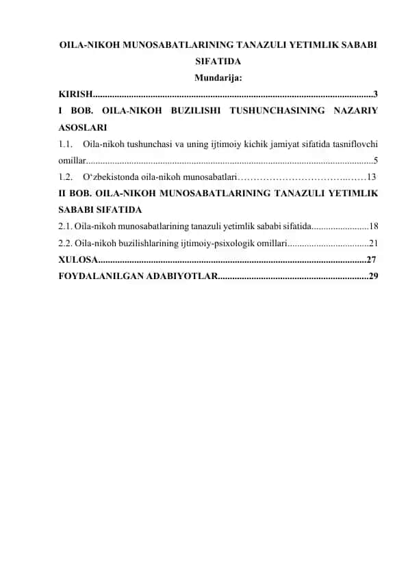 Oila-nikoh munosabatlarining tanazuli yetimlik sababi sifatida