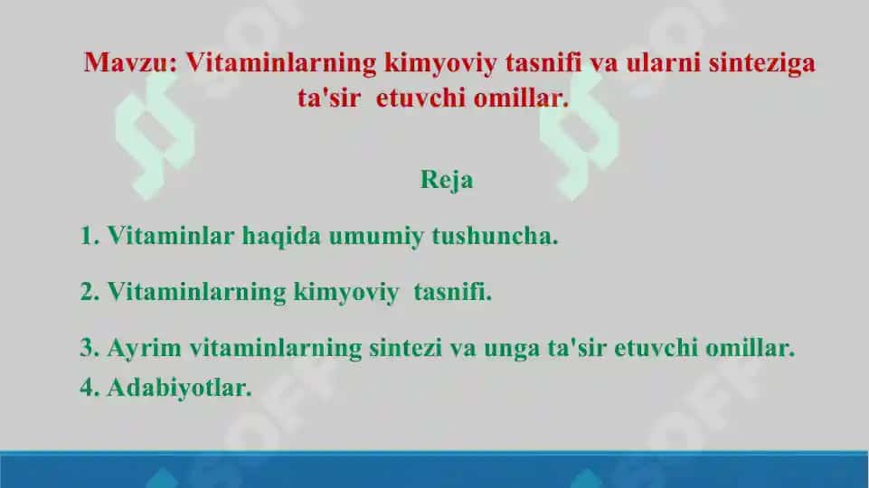 Vitaminlarning kimyoviy tasnifi va ularni sinteziga ta'sirv etuvchi omillar. Taqdimot. 19 bet. 2