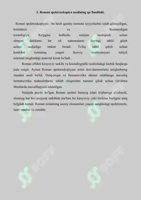 Roman spektroskopiya usulining dori moddalari tahlilida qo`llanilishi. Referat 8 bet 3