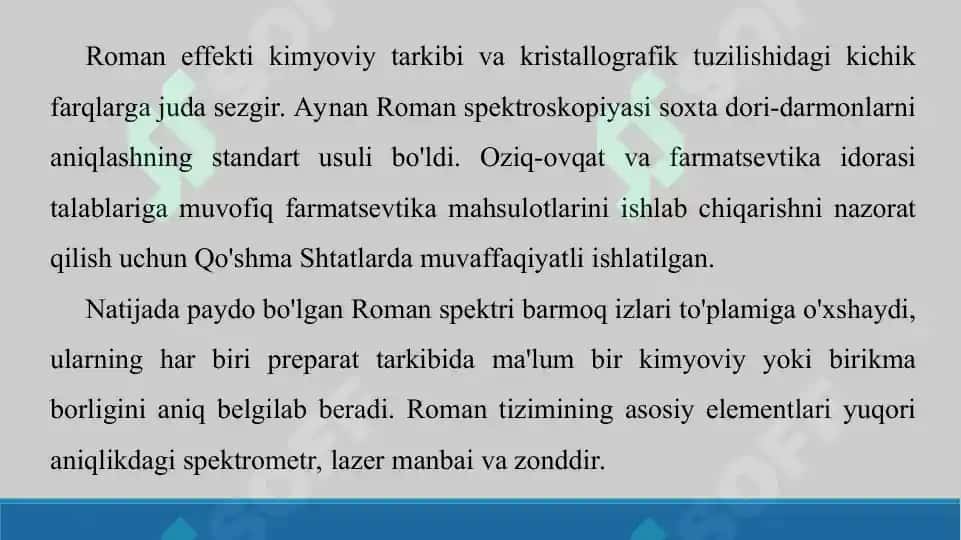 Roman spektroskopiya usulining dori moddalari tahlilida qo`llanilishi. Taqdimot 17 bet 8