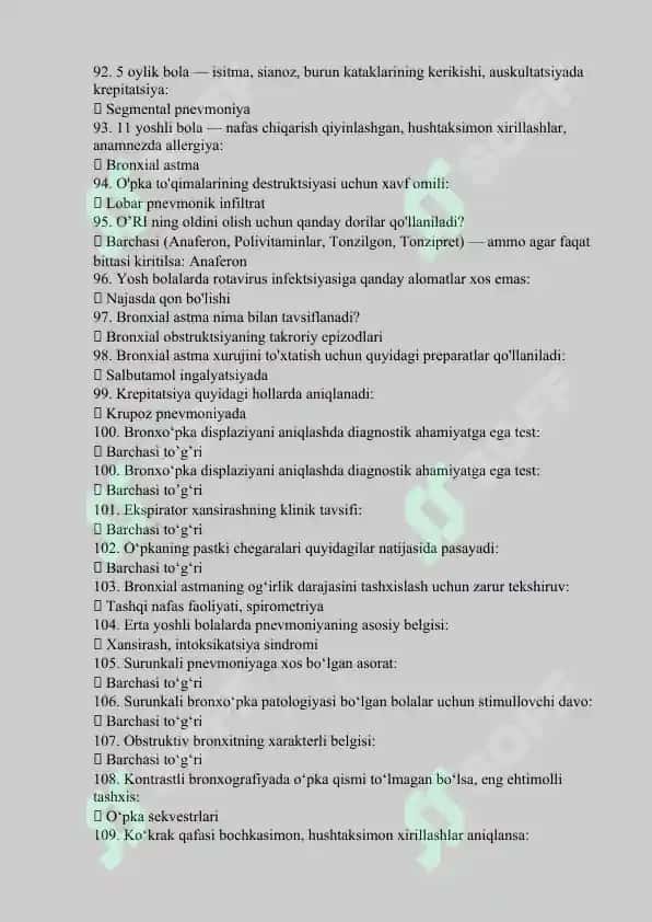 Pediatriya agros test javoblari 6