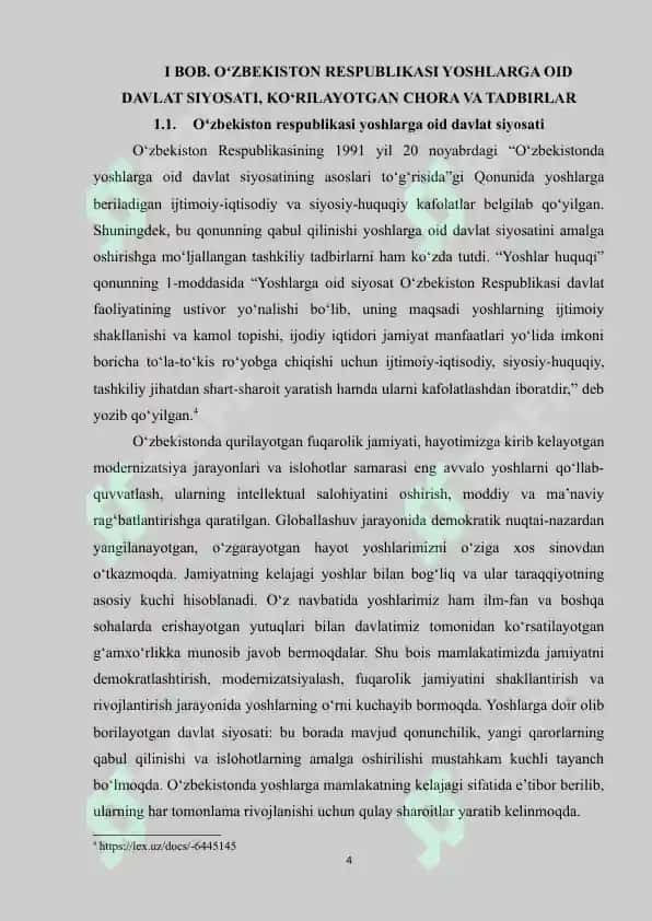 O‘zbekiston Respublikasi yoshlarga oid davlat siyosatini amalga oshirishning o‘ziga xos xususiyati 4