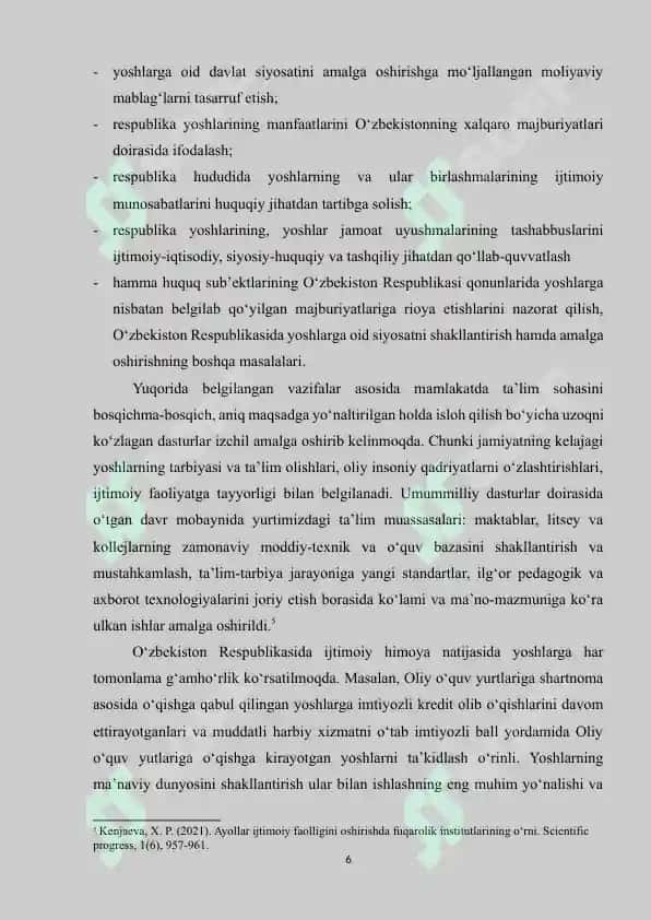 O‘zbekiston Respublikasi yoshlarga oid davlat siyosatini amalga oshirishning o‘ziga xos xususiyati 6