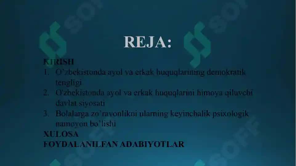 O'zbekistonda ayol va erkak huquqlarini himoya qiluvchi davlat siyosati 2
