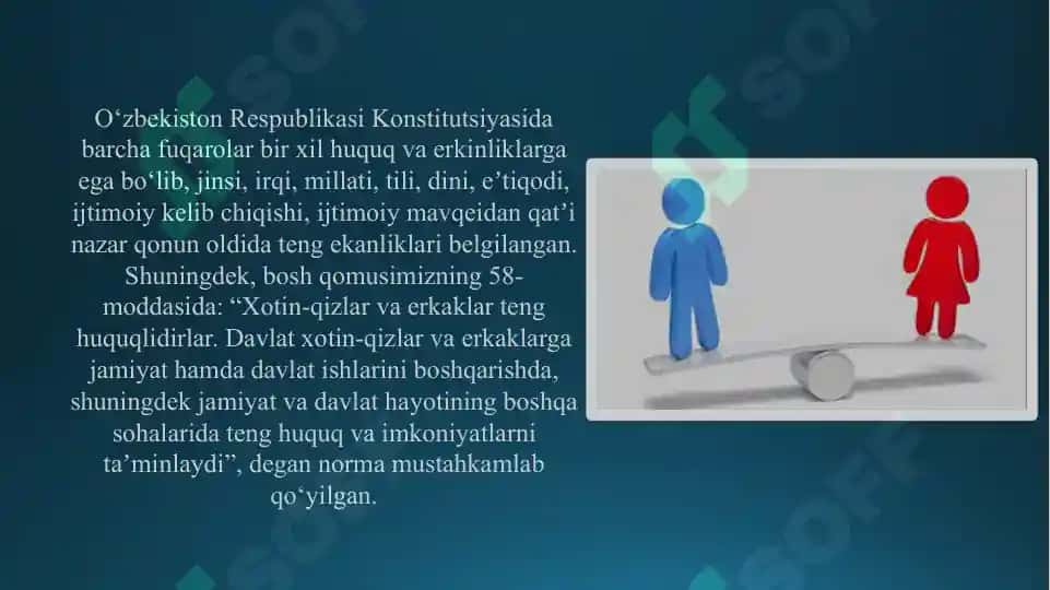 O'zbekistonda ayol va erkak huquqlarini himoya qiluvchi davlat siyosati 4