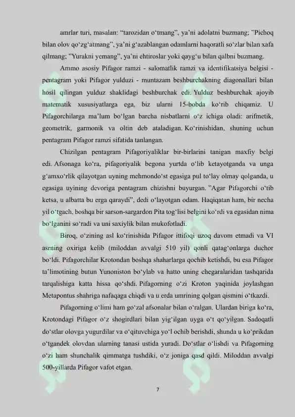 Kurs ishi: Pifagor olamining miqdoriy asosi haqidagi ta’limoti 7
