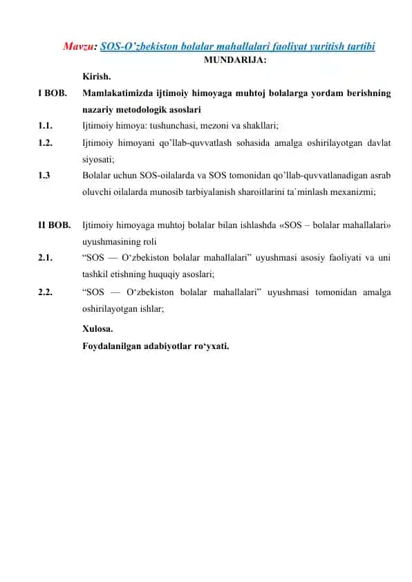 SOS-O’zbekiston bolalar mahallalari faoliyat yuritish tartibi (kurs ishi)