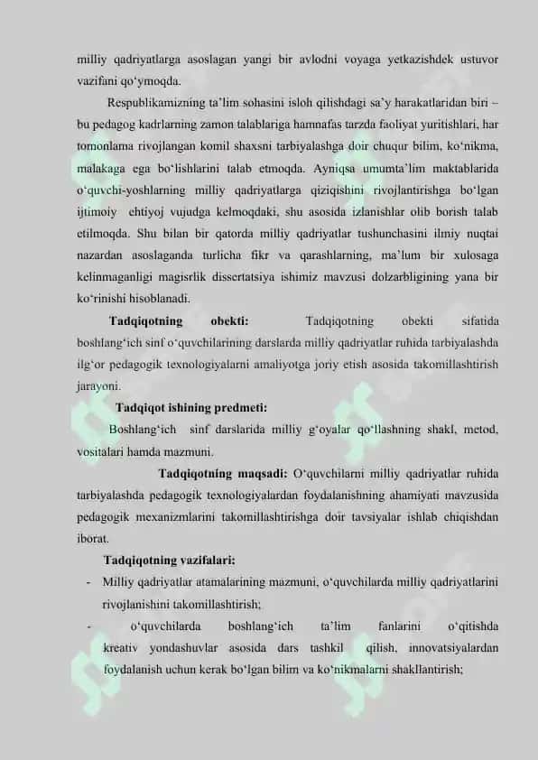 BOSHLANG’ICH SINF O‘QUVCHILARINING MILLIY QADRIYATLARGA BO‘LGAN MUNOSABATINI SHAKLLANTIRISH METODIKASI 6