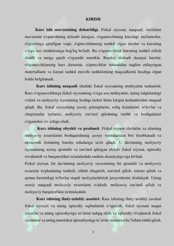 Fiskal siyosatining mohiyati, maqsadlari, vositalari va barqarorlashtirish siyosati. Kurs ishi 3
