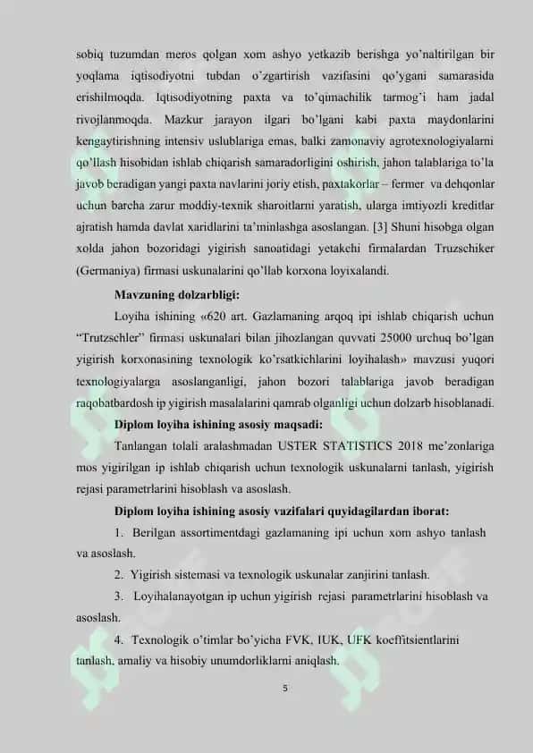 620 art. Gazlamaning arqoq ipi ishlab chiqarish uchun “Trutzschler” firmasi uskunalari bilan jihozlangan quvvati 25000 urchuq bo’lgan yigirish korxonasining texnologik ko’rsatkichlarini loyihalash 5