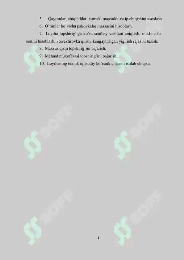620 art. Gazlamaning arqoq ipi ishlab chiqarish uchun “Trutzschler” firmasi uskunalari bilan jihozlangan quvvati 25000 urchuq bo’lgan yigirish korxonasining texnologik ko’rsatkichlarini loyihalash 6