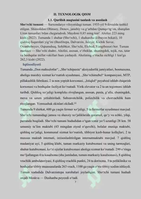 620 art. Gazlamaning arqoq ipi ishlab chiqarish uchun “Trutzschler” firmasi uskunalari bilan jihozlangan quvvati 25000 urchuq bo’lgan yigirish korxonasining texnologik ko’rsatkichlarini loyihalash 7