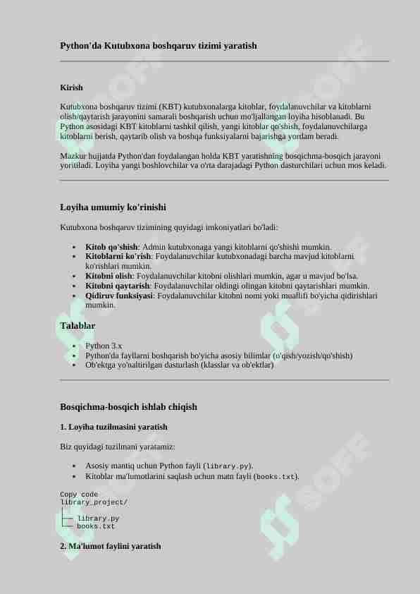 Kutubxona proyektini qilish bo'yicha yo'riqnoma | to'liq python tilida