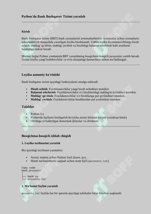 Bank proyektini qilish bo'yicha yo'riqnoma | to'liq python tilida