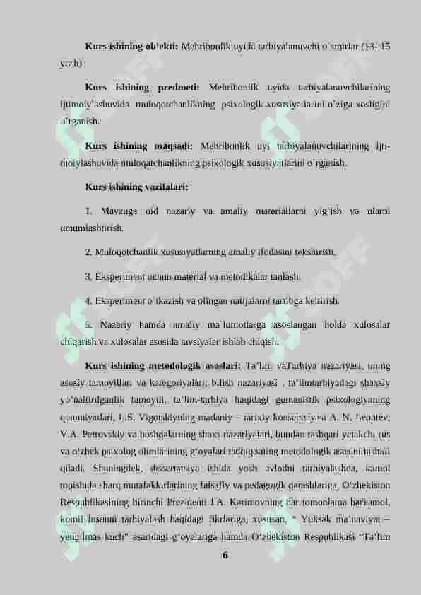 Xalq ta'limi psixologi ishining o'ziga xosligi(mehribonlik uyi,internatlar)sotsial ta'minot sog'liqni saqlash (bolalar uyi) huquq targ'ibot tizimi 6