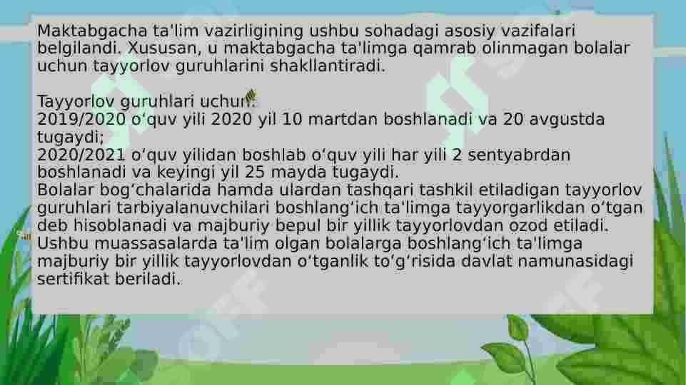 Bolalarni boshlangʻich taʼlimga majburiy bir yillik tayyorlov guruhlarini tashkil etish toʻgʻrisida nizom 4