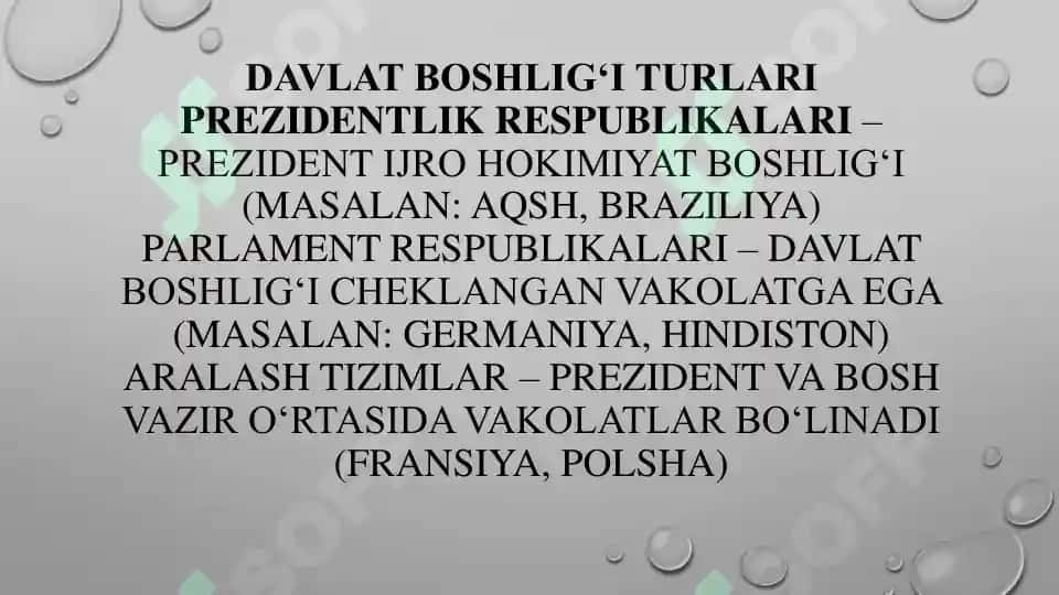 Davlat boshlig’ining xorijiy davlatlar davlat mexanizmida tutgan o‘rni 5