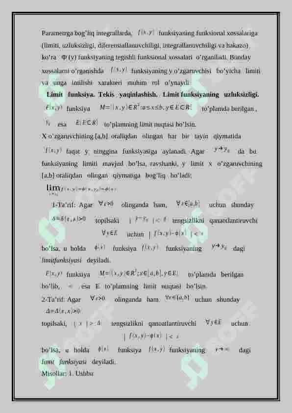 Parametrga bog’liq karrali integrallar. 4