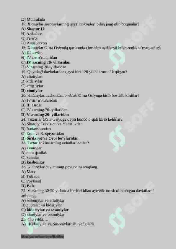 7-sinf O'zbekiston tarixi fanidan testlar 7