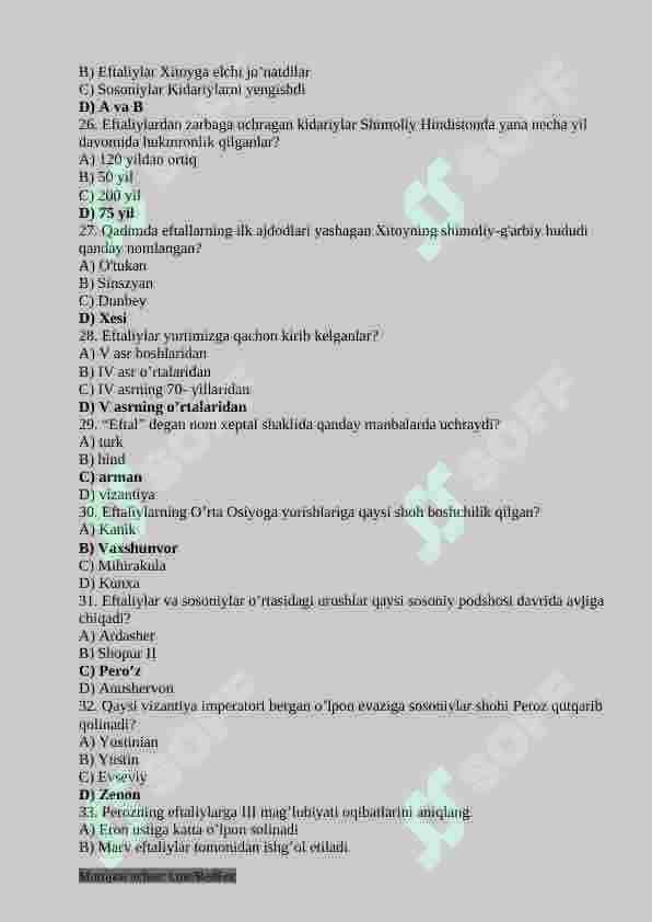 7-sinf O'zbekiston tarixi fanidan testlar 8