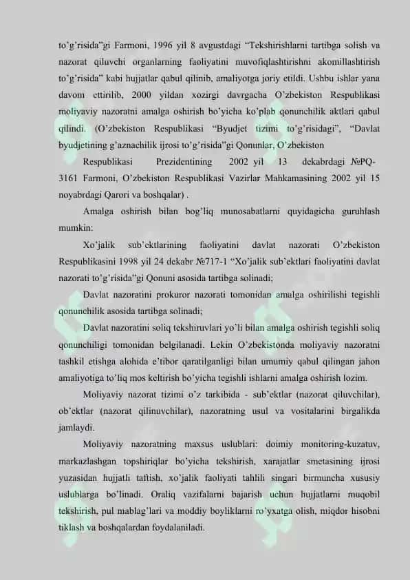 O’zbekiston Respublikasining moliyaviy azorat tizimi va unda auditning tutgan o’rni 3