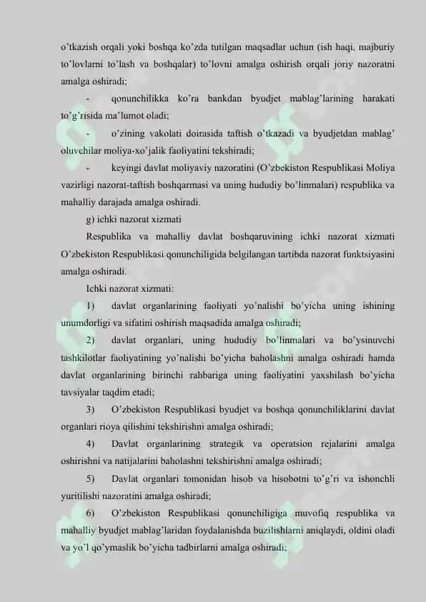 O’zbekiston Respublikasining moliyaviy azorat tizimi va unda auditning tutgan o’rni 8