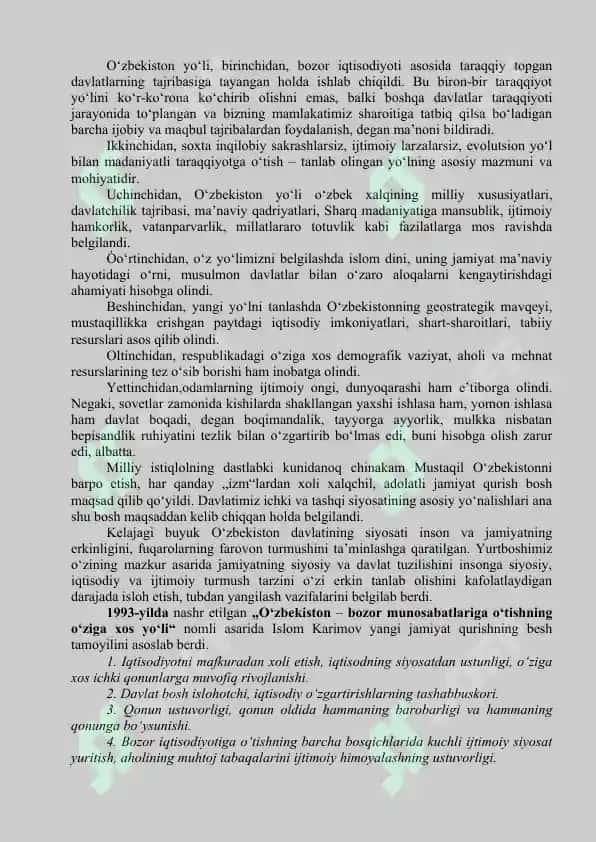 O’ZBEKISTОNNING O’ZIGА ХОS ISTIQLОL VА TАRАQQIYOT YO’LI 3