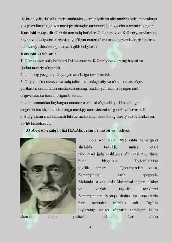O’zbekiston xalq hofizlari va bastakorlari ijodiyotini o’rganish 4