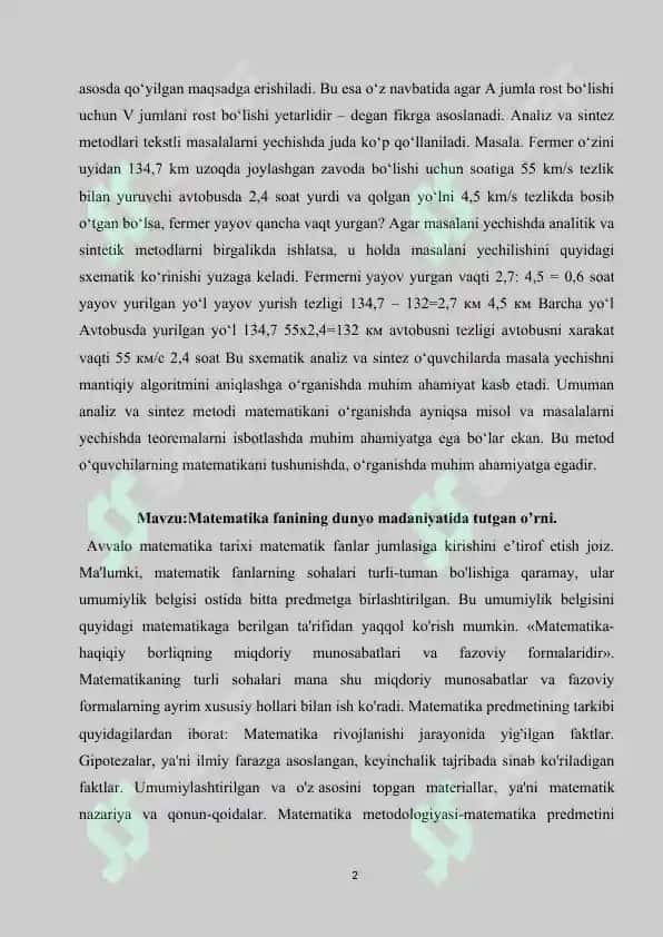 Mavzu:Matematikaning fan va o’quv predmeti sifatidagi taraqqiyot bosqichlari, har bir bosqichga xos maqsadi va vazifalari. Ularning hayotga tadbiqi. 2