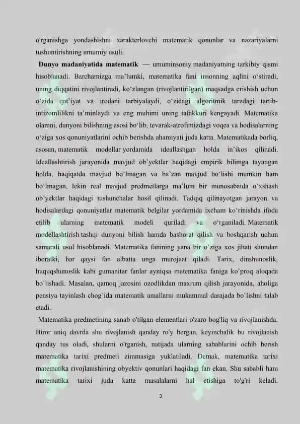 Mavzu:Matematikaning fan va o’quv predmeti sifatidagi taraqqiyot bosqichlari, har bir bosqichga xos maqsadi va vazifalari. Ularning hayotga tadbiqi. 3