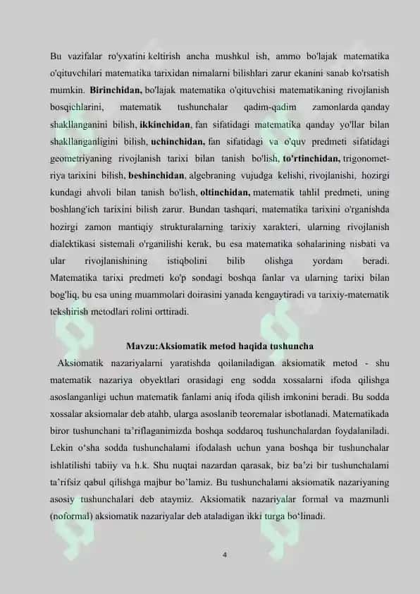Mavzu:Matematikaning fan va o’quv predmeti sifatidagi taraqqiyot bosqichlari, har bir bosqichga xos maqsadi va vazifalari. Ularning hayotga tadbiqi. 4