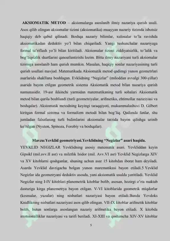 Mavzu:Matematikaning fan va o’quv predmeti sifatidagi taraqqiyot bosqichlari, har bir bosqichga xos maqsadi va vazifalari. Ularning hayotga tadbiqi. 5