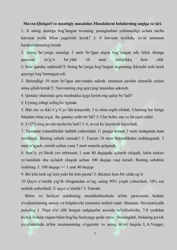 Mavzu:Matematikaning fan va o’quv predmeti sifatidagi taraqqiyot bosqichlari, har bir bosqichga xos maqsadi va vazifalari. Ularning hayotga tadbiqi. 7